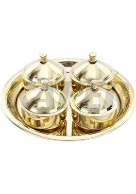 Kaper Brass Kumkum Chokda Thali Box Set For Hotel Storage Items Puja Articles (5 Pieces Gold)