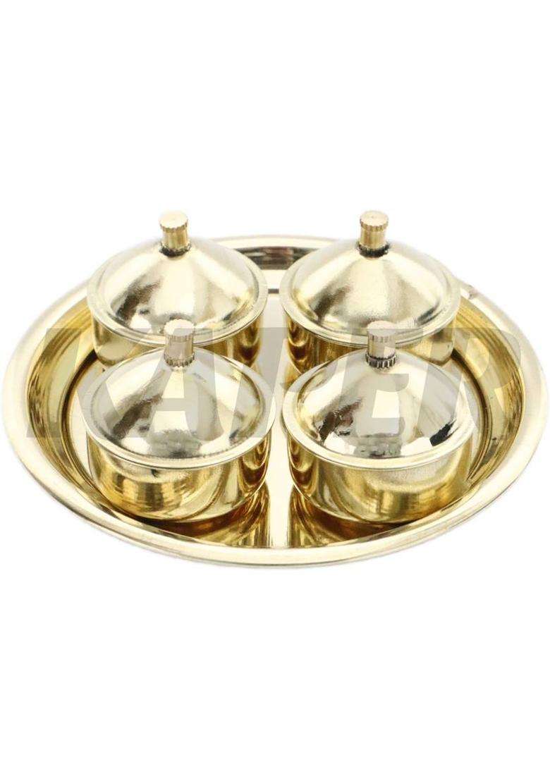 Kaper Brass Kumkum Chokda Thali Box Set For Hotel Storage Items Puja Articles (5 Pieces Gold) - Indya