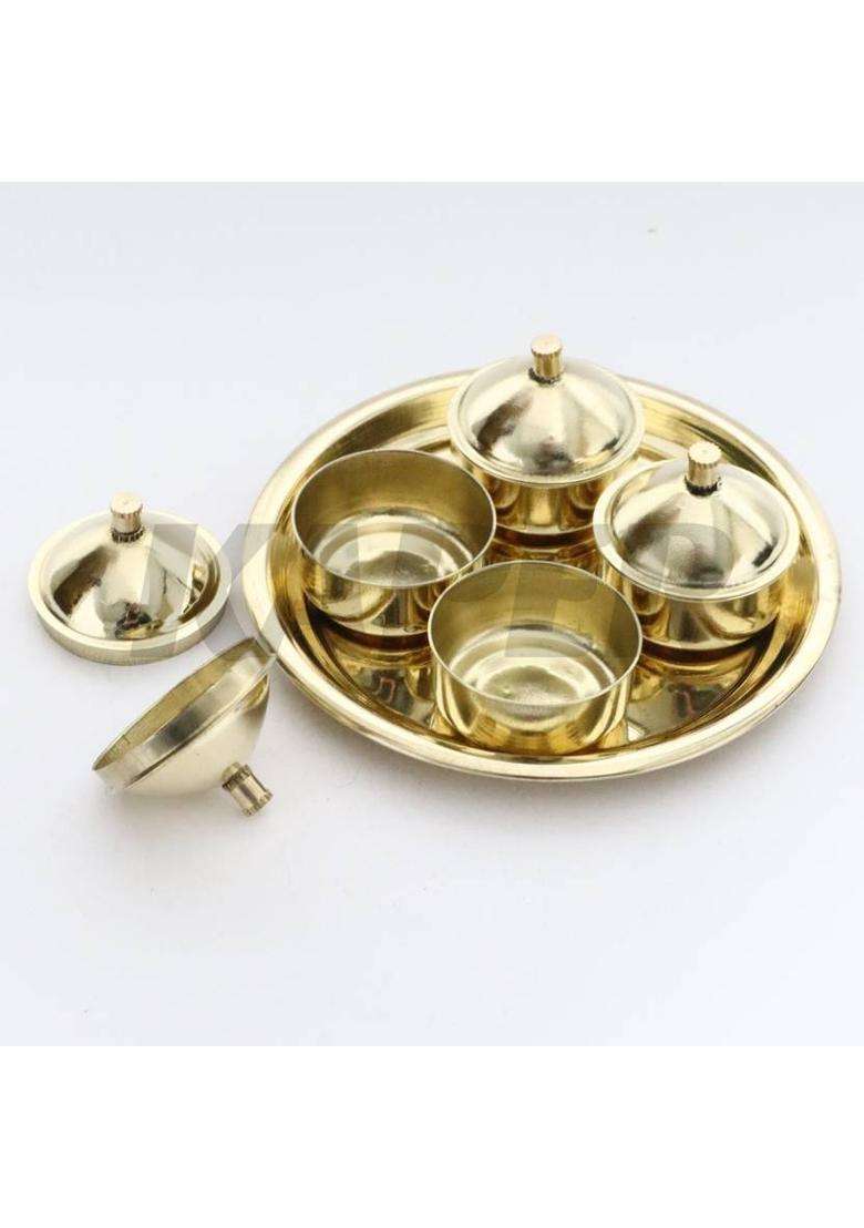 Kaper Brass Kumkum Chokda Thali Box Set For Hotel Storage Items Puja Articles (5 Pieces Gold) - Indya