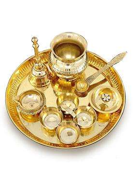 Bengalen Brass Pooja Thali Set 8 Inch With Kalash And Accessories For Mandir (7 Pieces Gold)