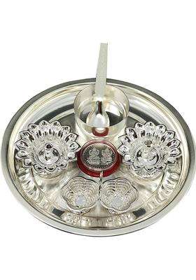 Bengalen Pooja Thali Set Silver Plated Small 7 Inch Puja Wedding Return Gift Items (7 Pieces Silver)