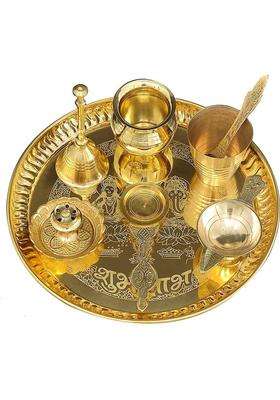 Bengalen Brass Pooja Thali Set 8 Inch With Accessories Mandir Home Puja Gift Item (8 Pieces Gold)