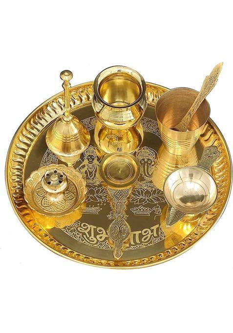 Bengalen Brass Pooja Thali Set 8 Inch With Accessories Mandir Home Puja Gift Item (8 Pieces Gold)