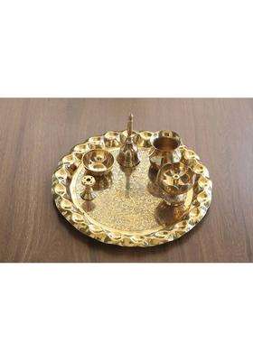 Indianartvilla Brass Designer Pooja Thali Set Spiritual ItemGift Item (6 Pieces Gold)