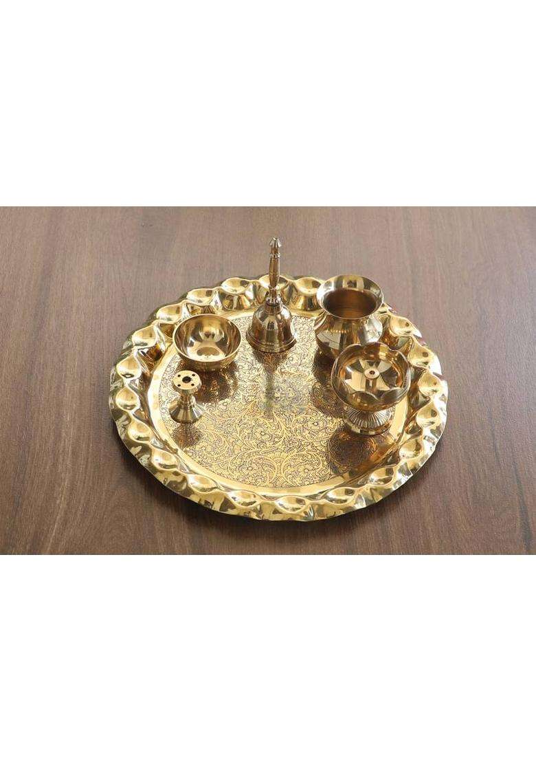 Indianartvilla Brass Designer Pooja Thali Set Spiritual ItemGift Item (6 Pieces Gold) - Indya
