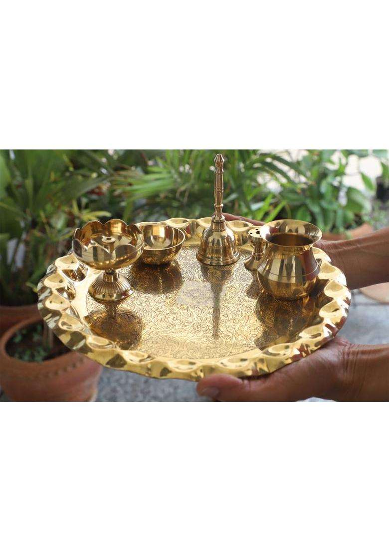 Indianartvilla Brass Designer Pooja Thali Set Spiritual ItemGift Item (6 Pieces Gold) - Indya