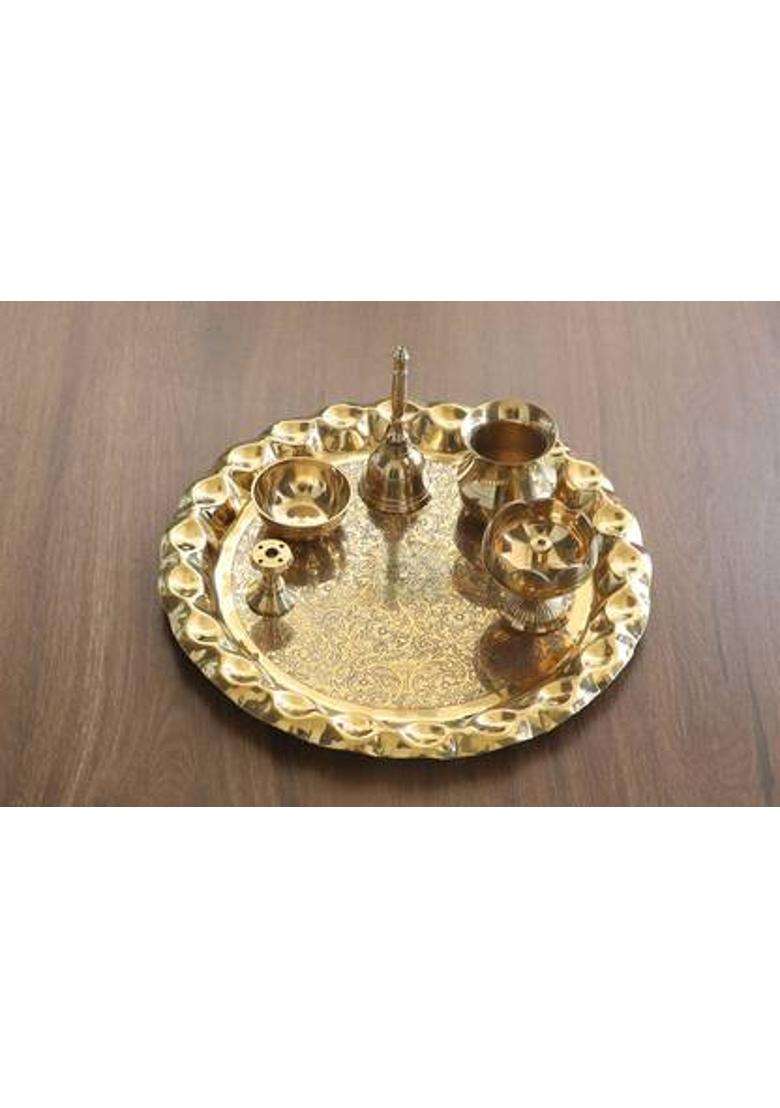 Indianartvilla Brass Designer Pooja Thali Set Spiritual ItemGift Item (6 Pieces Gold) - Indya