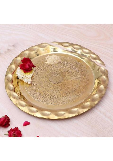 Tia Crafts Floral Carved Brass Pooja Thali, Plate For Home Temple (8 Inch) (1 Pieces, Gold)