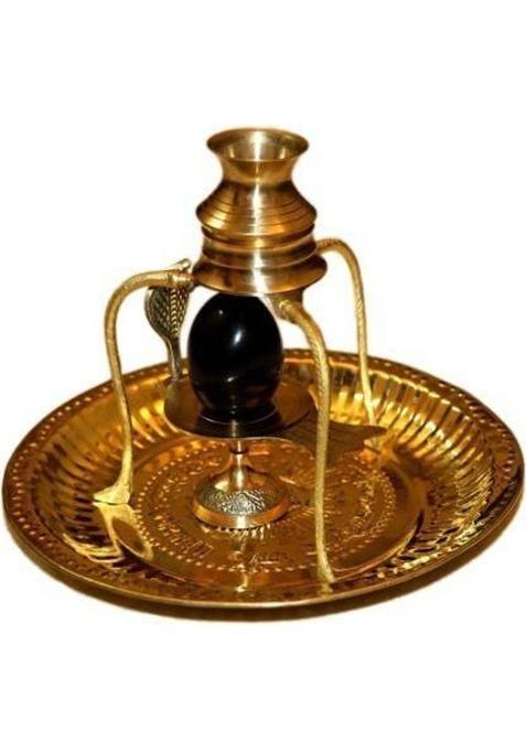 Value Crafts Black Shaligram Shiva Ling/Shivling With Brass Jalahari Yoni Plate Kalash Stand (1 Pieces Gold)