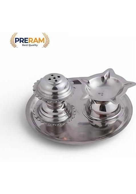 Preram Mini Stainless Steel 2-In-1 Puja Thali (2 Pieces Silver)