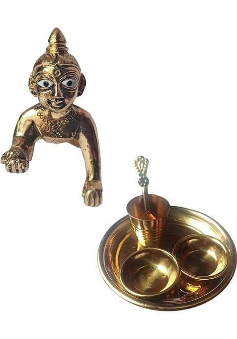 Nakul Shastri Ji Gokul Laddu Gopal Poja Thali Set 4 Inch 1501 Brass (Gold)