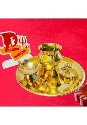 Daridra Bhanjan Pure Brass Pooja Thali Set Plate Kalash Lota Aarti Diya For Puja (1 Pieces Gold)