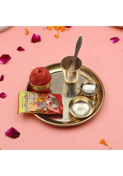 Torppeza Handcrafted 100% Brass Pooja Flower Thali Plate Set With Kuber Diya & Roli Moli (7 Pieces, Gold)