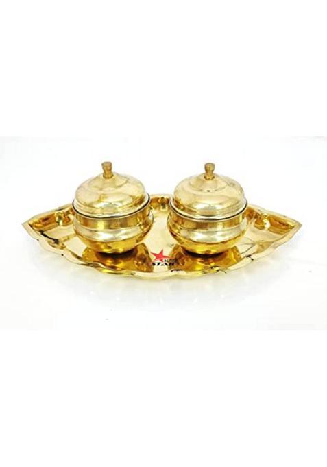 Fuerdanni Plated Glossy Leave Shape Kankavati With Lid Haldi-Kumkum Holder Puja Thali Set Brass (1 Pieces Gold)