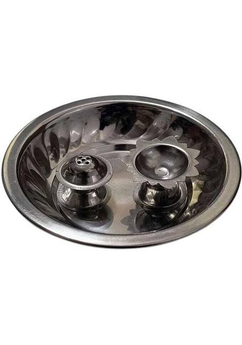 Aura Pooja Spiritual Grace One-Piece Puja Thali With Complete Accessories For Daily Worship Stainless Steel (1 Pieces, Silver)