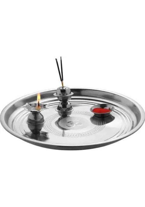 Maharajee Pooja Thali Set 11" Stainless Steel Arti Tilak/Tika For Mandir Temple Office (1 Pieces, Steel)