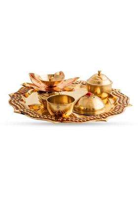 Indianartvilla Brass Designer Pooja Thali 8Inch - Spritiual & Gold Set (5 Pieces Gold)