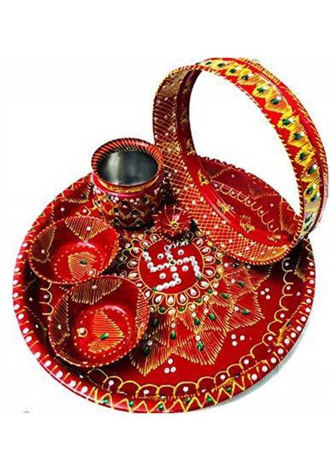 Dwardrobe Stainless Steel Karwa Chauth Thali Set1 Chalni 2 Bowls 1 Diya And Lota Red (Red)