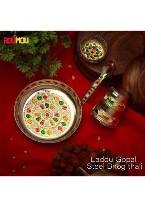 Shri Anand Laddu Gopal Ji Ke Bartan/Pooja Thali Small 4 Pcs Set Multicolor Bhog With Glass, Bowl And Spoon Steel (1 Pieces, Multicolor)