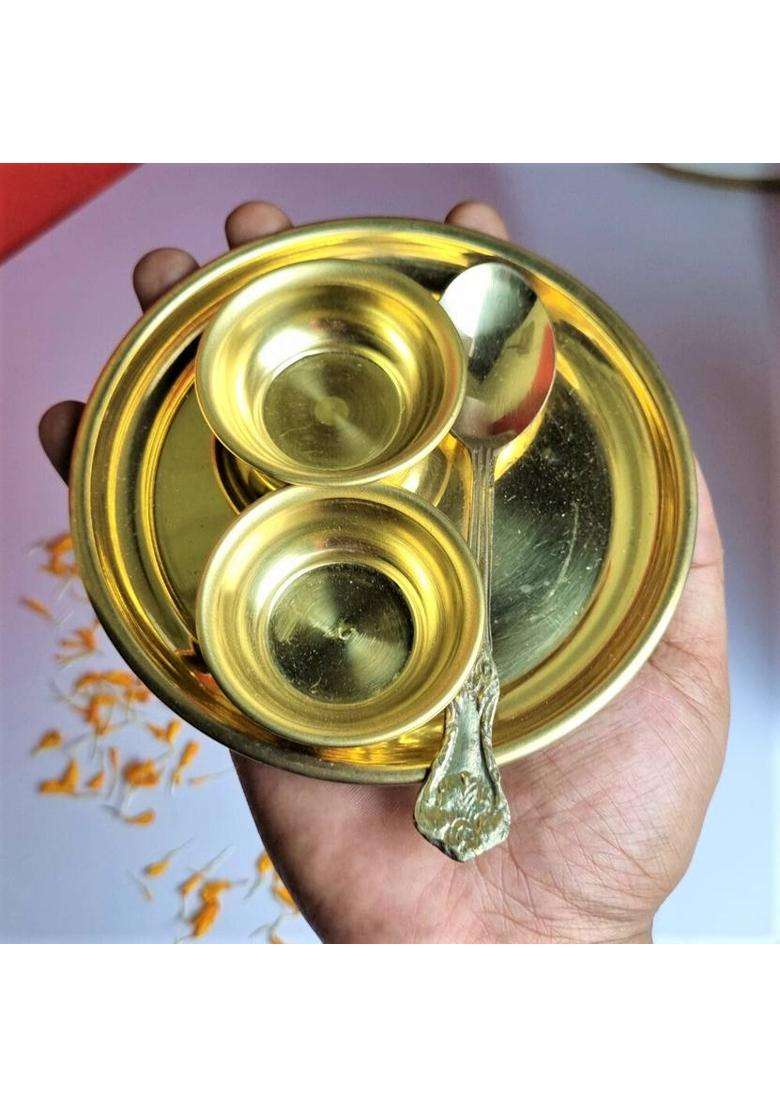 Divine Bazaar Puja Bhog Thali Set For Puja/Bhog Mandir Brass (4 Pieces Gold) - Indya