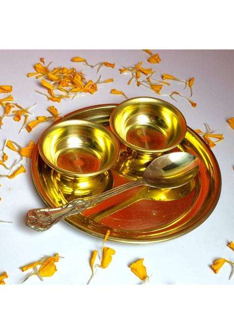 Divine Bazaar Puja Bhog Thali Set For Puja/Bhog Mandir Brass (4 Pieces Gold)