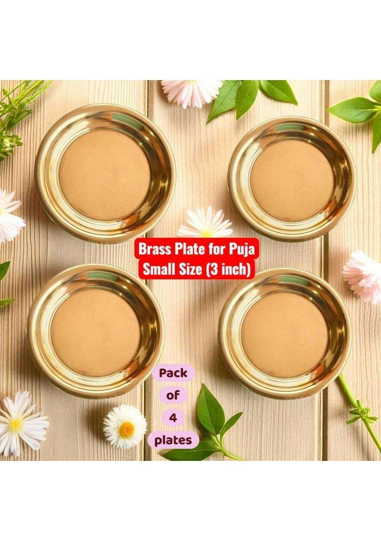 Shreeja Shilpcraft Pure Brass Puja Plates 3 Inch Pack Of 4 For Deepak Base Bhog Laddu Dhop (4 Pieces Gold) - Indya