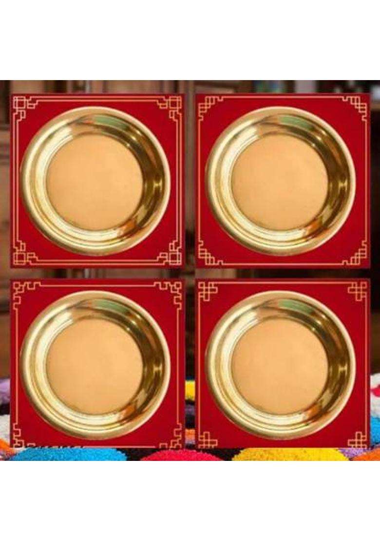 Shreeja Shilpcraft Pure Brass Puja Plates 3 Inch Pack Of 4 For Deepak Base Bhog Laddu Dhop (4 Pieces Gold) - Indya