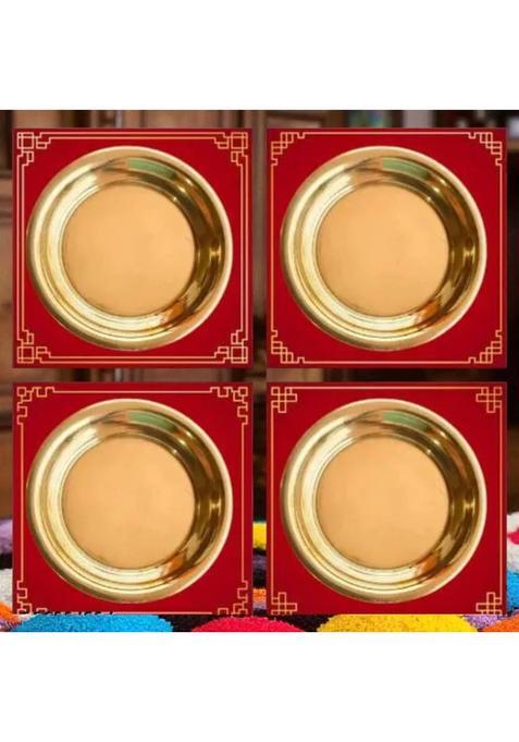 Shreeja Shilpcraft Pure Brass Puja Plates 3 Inch | Pack Of 4 For Deepak Base, Bhog Laddu, Dhop (4 Pieces, Gold)