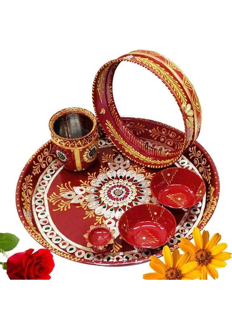 Lvi Craft Decorative Steel Karwa Chauth Pooja Thali 6 Pieces Set (1 Pieces Multicolor) - Indya