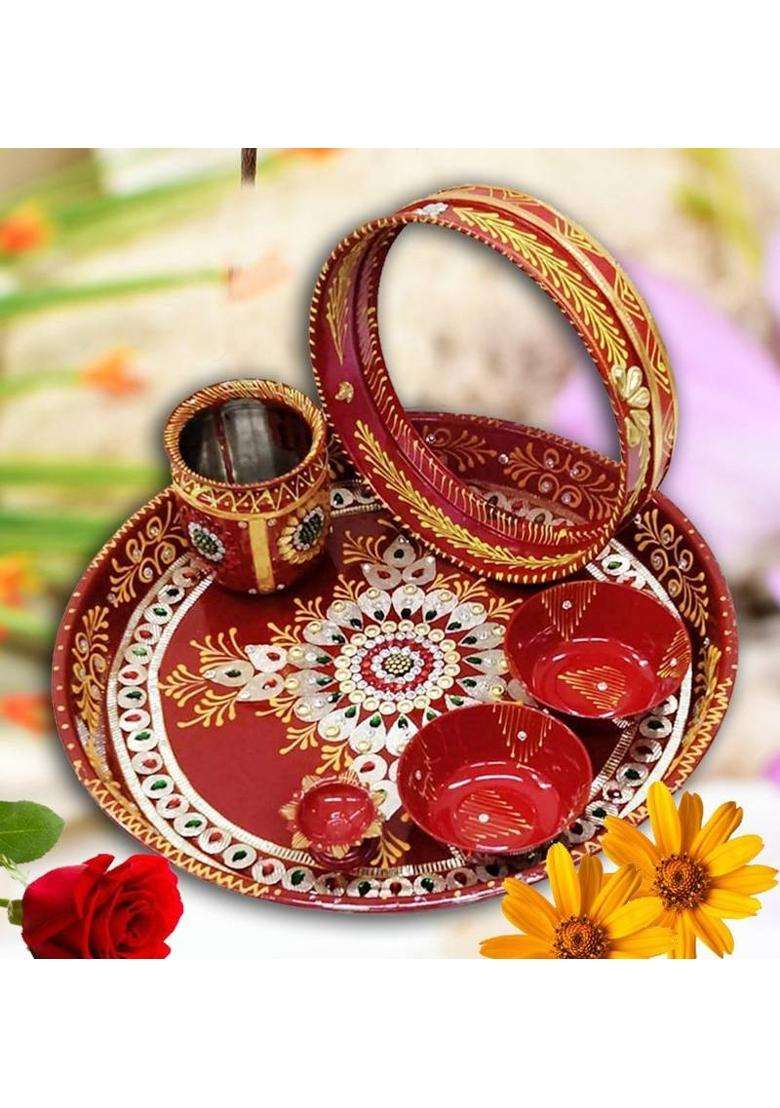 Lvi Craft Decorative Steel Karwa Chauth Pooja Thali 6 Pieces Set (1 Pieces Multicolor) - Indya