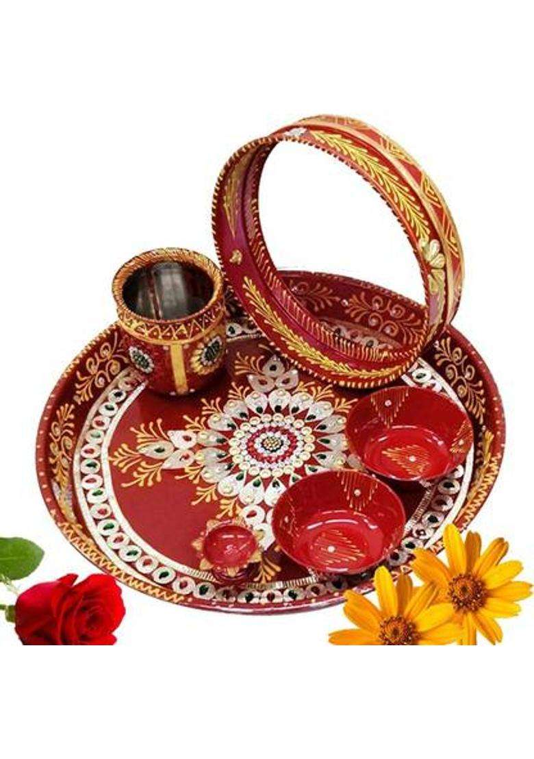Lvi Craft Decorative Steel Karwa Chauth Pooja Thali 6 Pieces Set (1 Pieces Multicolor) - Indya