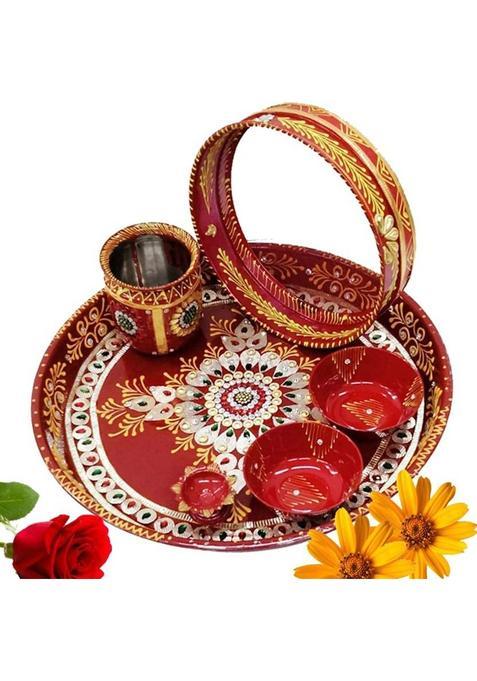 Lvi Craft Decorative Steel Karwa Chauth Pooja Thali 6 Pieces Set (1 Pieces Multicolor)
