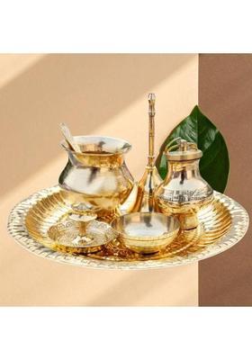 Elitetouch Brass Pooja Plate Combo Lota Katori Ganga Kalash Agarbatti Stand Ghanti (1 Pieces Gold)