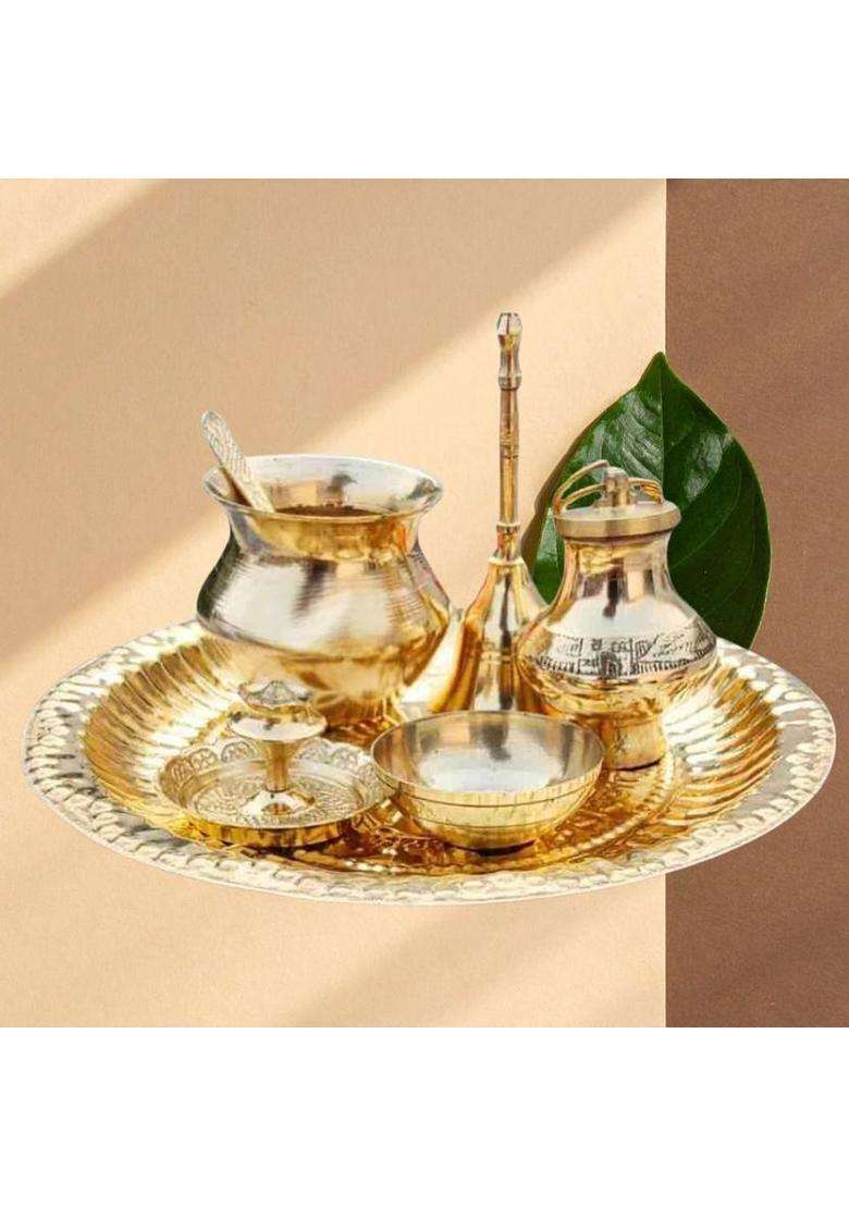 Elitetouch Brass Pooja Plate Combo Lota Katori Ganga Kalash Agarbatti Stand Ghanti (1 Pieces Gold) - Indya