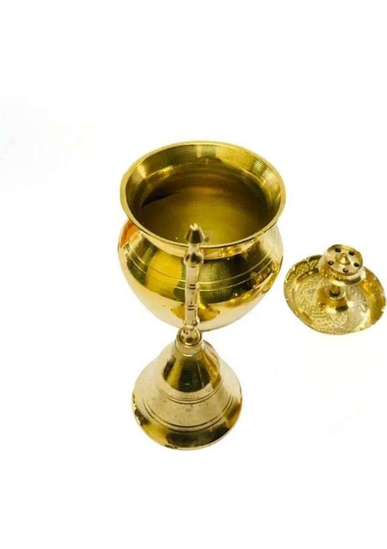 Elitetouch Brass Pooja Plate Combo Lota Katori Ganga Kalash Agarbatti Stand Ghanti (1 Pieces Gold) - Indya