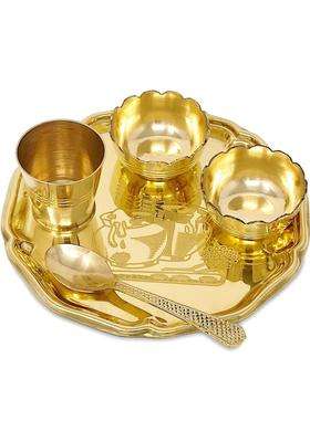 Bengalen Brass Pooja Gopal Bhog Thali Set Puja Home Diwali Janmashtami Return Gift Items (5 Pieces Gold)