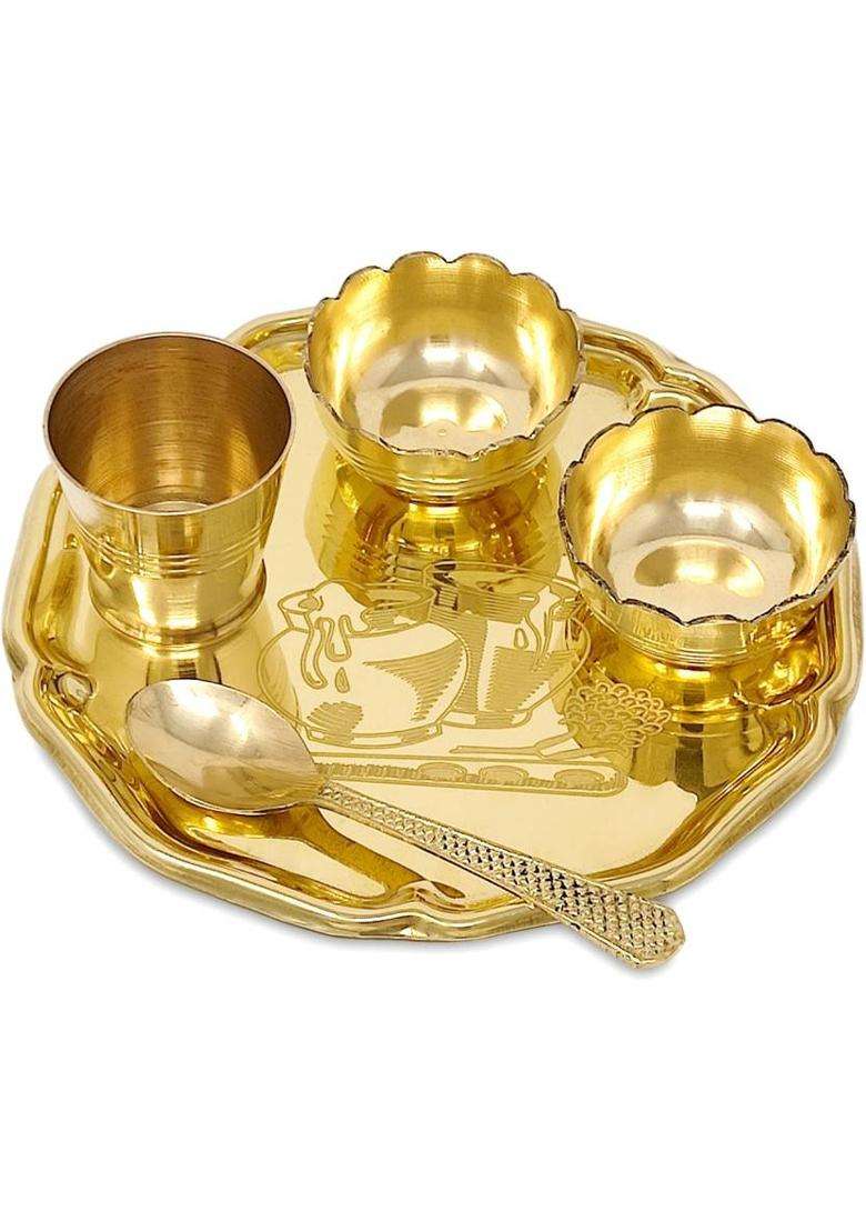 Bengalen Brass Pooja Gopal Bhog Thali Set Puja Home Diwali Janmashtami Return Gift Items (5 Pieces Gold) - Indya