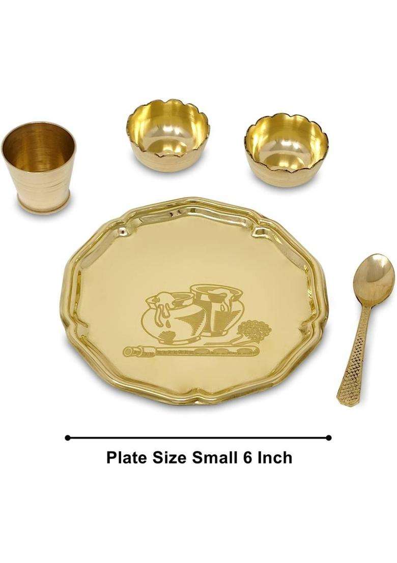 Bengalen Brass Pooja Gopal Bhog Thali Set Puja Home Diwali Janmashtami Return Gift Items (5 Pieces Gold) - Indya