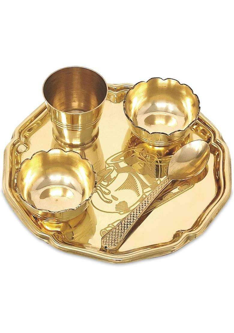 Bengalen Brass Pooja Gopal Bhog Thali Set Puja Home Diwali Janmashtami Return Gift Items (5 Pieces Gold) - Indya