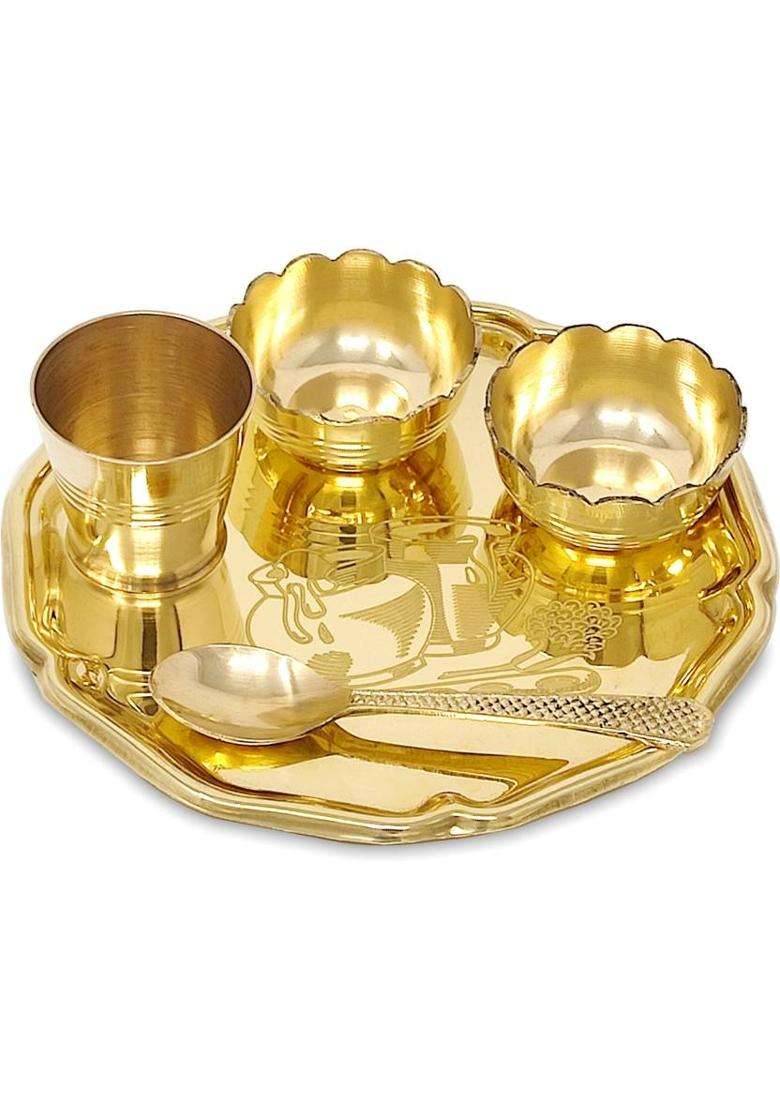 Bengalen Brass Pooja Gopal Bhog Thali Set Puja Home Diwali Janmashtami Return Gift Items (5 Pieces Gold) - Indya