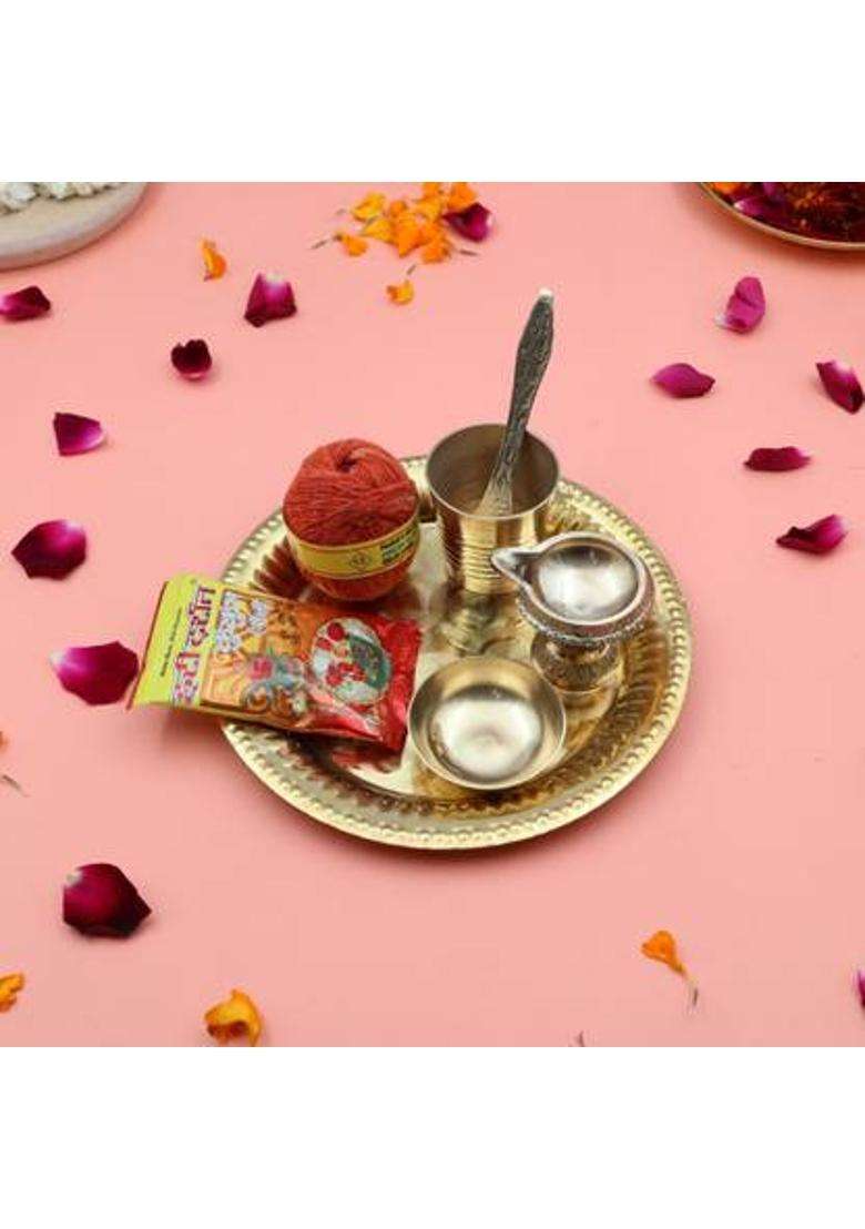 Torppeza Handcrafted 100% Brass Pooja Peacock Thali Plate Set With Diya Stand & Roli Moli (7 Pieces Gold) - Indya
