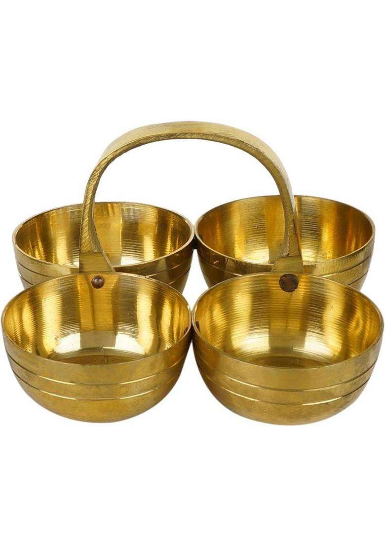 MagicS Max Small Brass Puja Roli Chawal Elaichi Mishri 4 Bowl Stand (1 Pieces Gold) - Indya