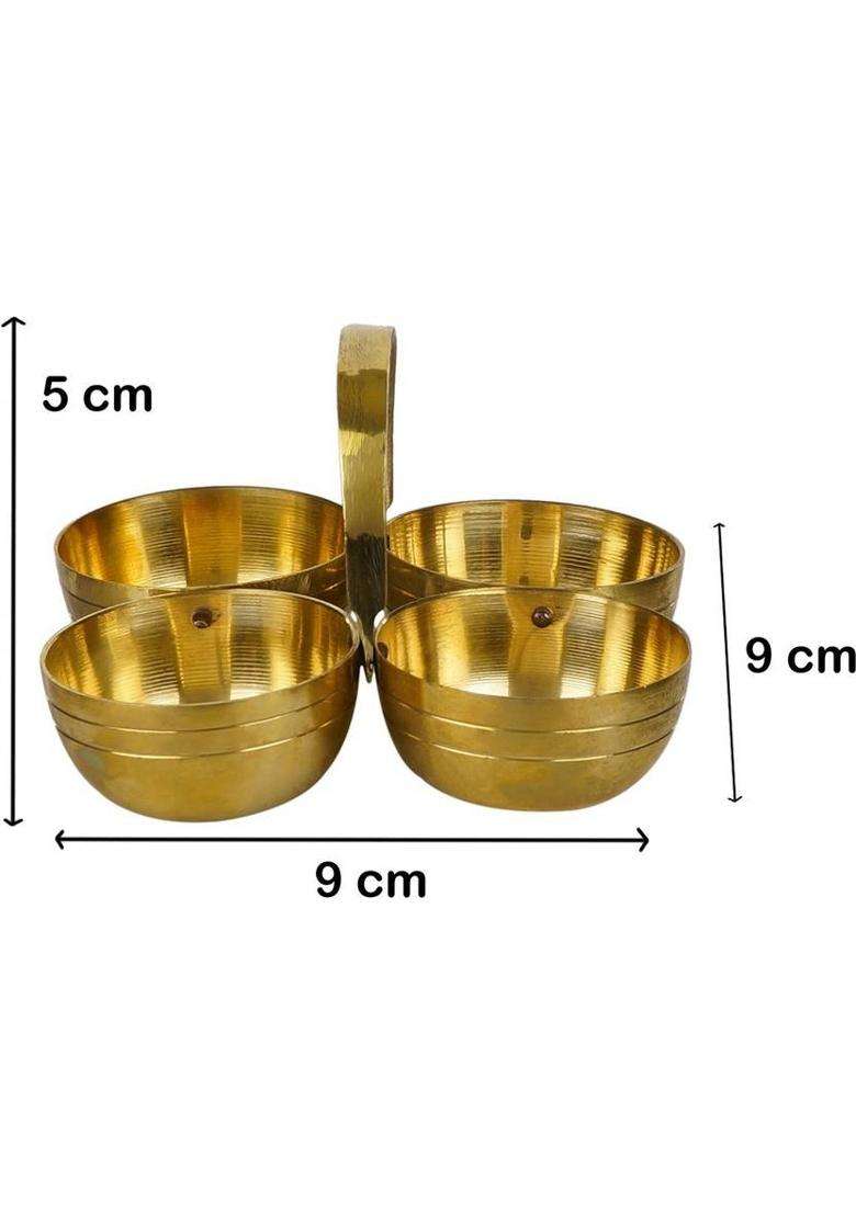 MagicS Max Small Brass Puja Roli Chawal Elaichi Mishri 4 Bowl Stand (1 Pieces Gold) - Indya