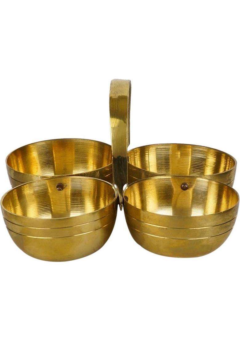 MagicS Max Small Brass Puja Roli Chawal Elaichi Mishri 4 Bowl Stand (1 Pieces Gold) - Indya
