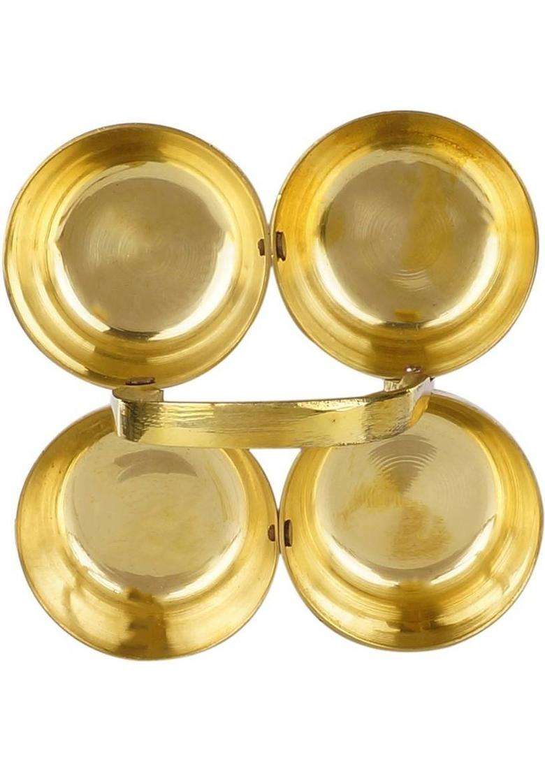MagicS Max Small Brass Puja Roli Chawal Elaichi Mishri 4 Bowl Stand (1 Pieces Gold) - Indya
