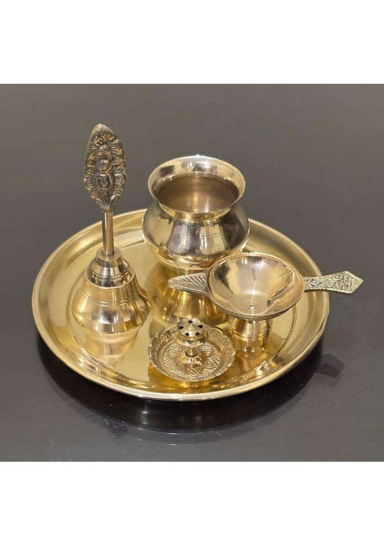 Buy N Relax Brass Pooja Thali Set Traditional Worship Plate With Bell And Accessorie (5 Pieces Gold) - Indya