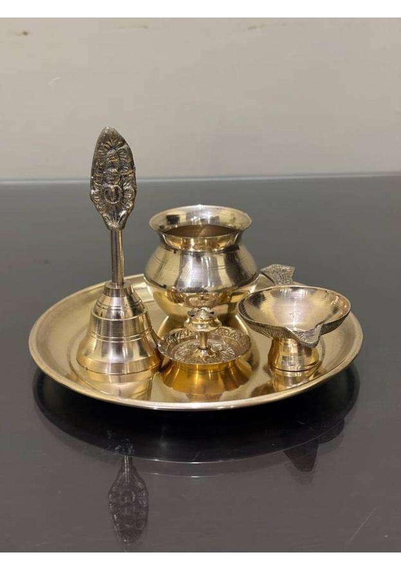 Buy N Relax Brass Pooja Thali Set Traditional Worship Plate With Bell And Accessorie (5 Pieces Gold) - Indya