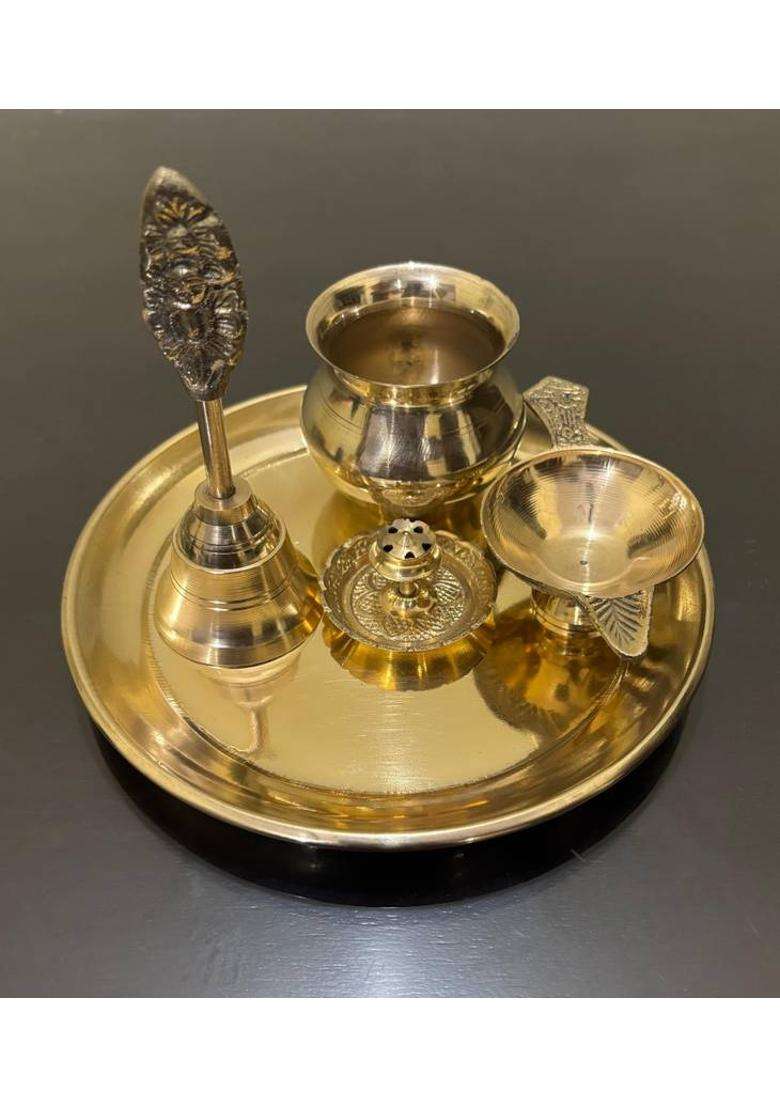 Buy N Relax Brass Pooja Thali Set Traditional Worship Plate With Bell And Accessorie (5 Pieces Gold) - Indya