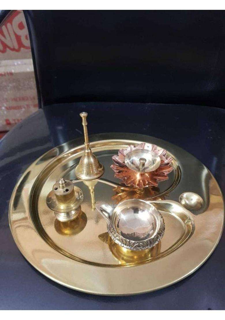 Heaven Decor Brass Om Puja Thali Set With Religious Spritual Item For (Gold) - Indya