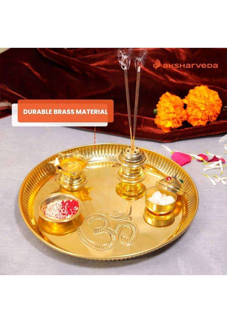 Aksharveda Pooja Thali Set Brass (Gold) - Indya